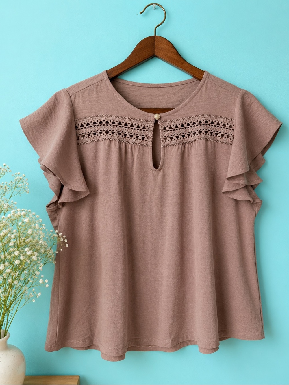 NWT Chloe + Jasmine Khaki Lace Flutter Sleeve Blouse Top XL Boho Feminine